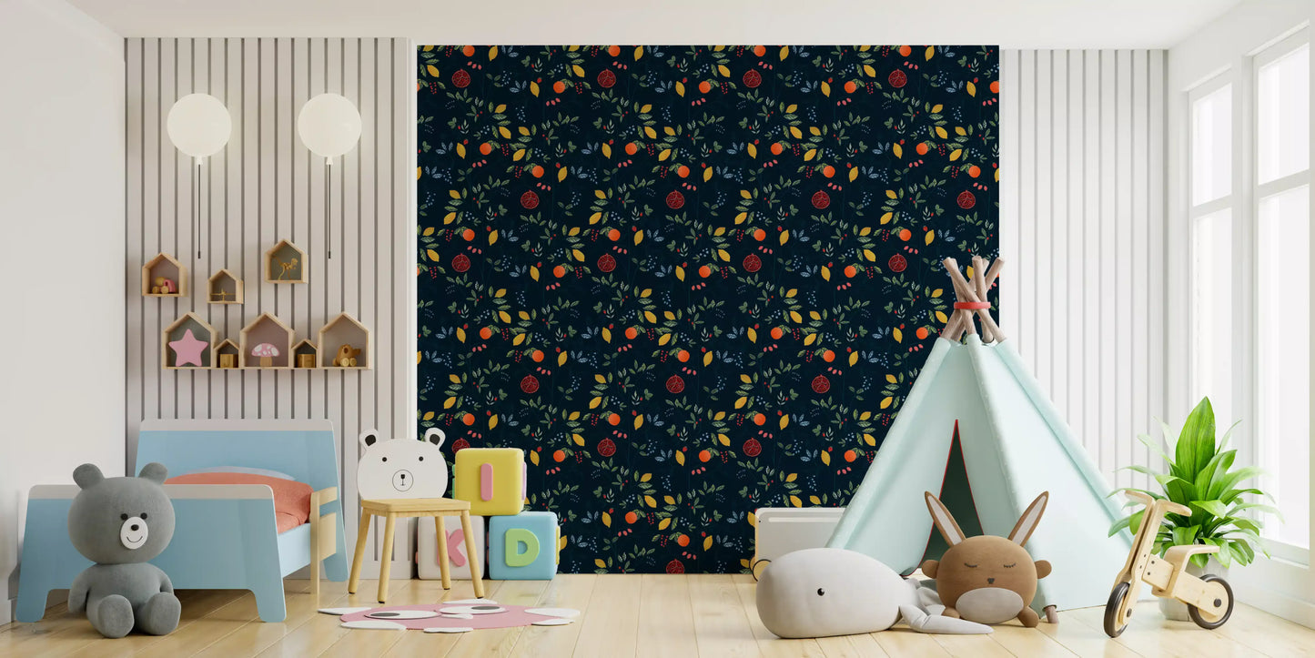 Harvest fruit wallpaper with dark blue ground and detailed leafy stems