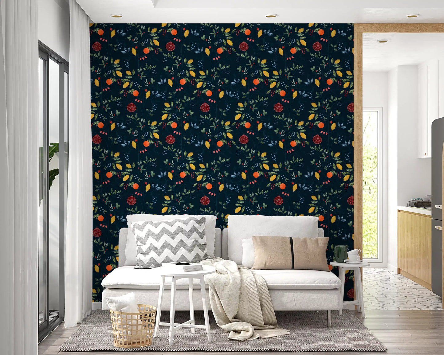 Living room Vibrant Harvest Wallpaper with dark blue fruit and leafy pattern