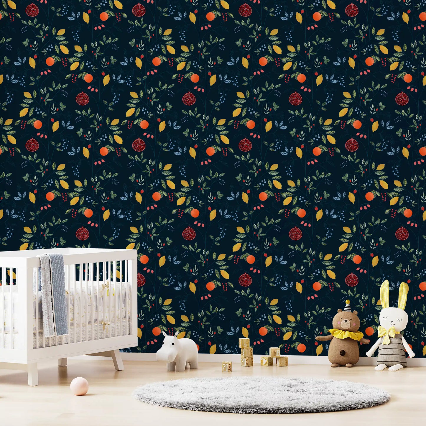 Vibrant Harvest Wallpaper with oranges, lemons, berries, and dark blue depth