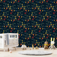 Vibrant Harvest Wallpaper with oranges, lemons, berries, and dark blue depth