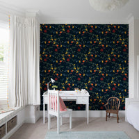 Study room Dark Blue Wallpaper with harvest fruit motifs and leaf pattern
