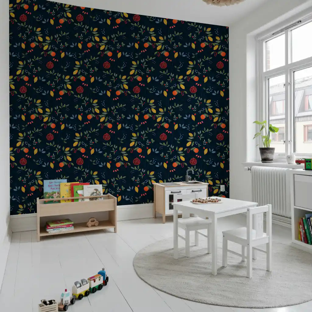 Botanical fruit wallpaper with Vibrant Harvest pattern on a dark blue surface