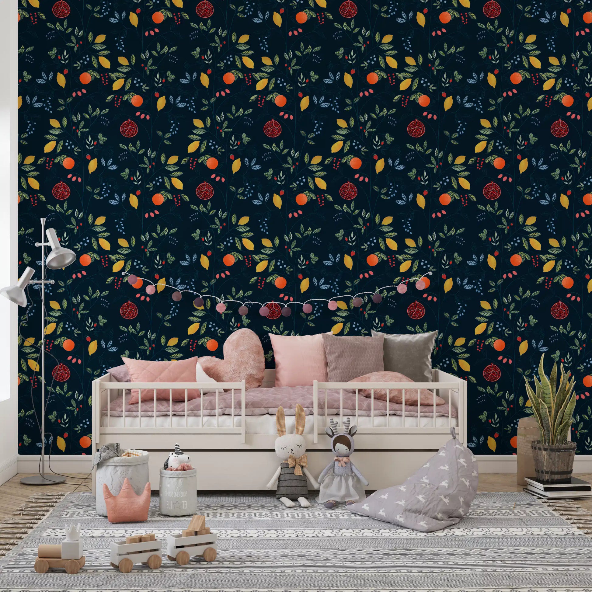 Kids play area Vibrant Harvest Wallpaper showing fruit branches on dark blue base