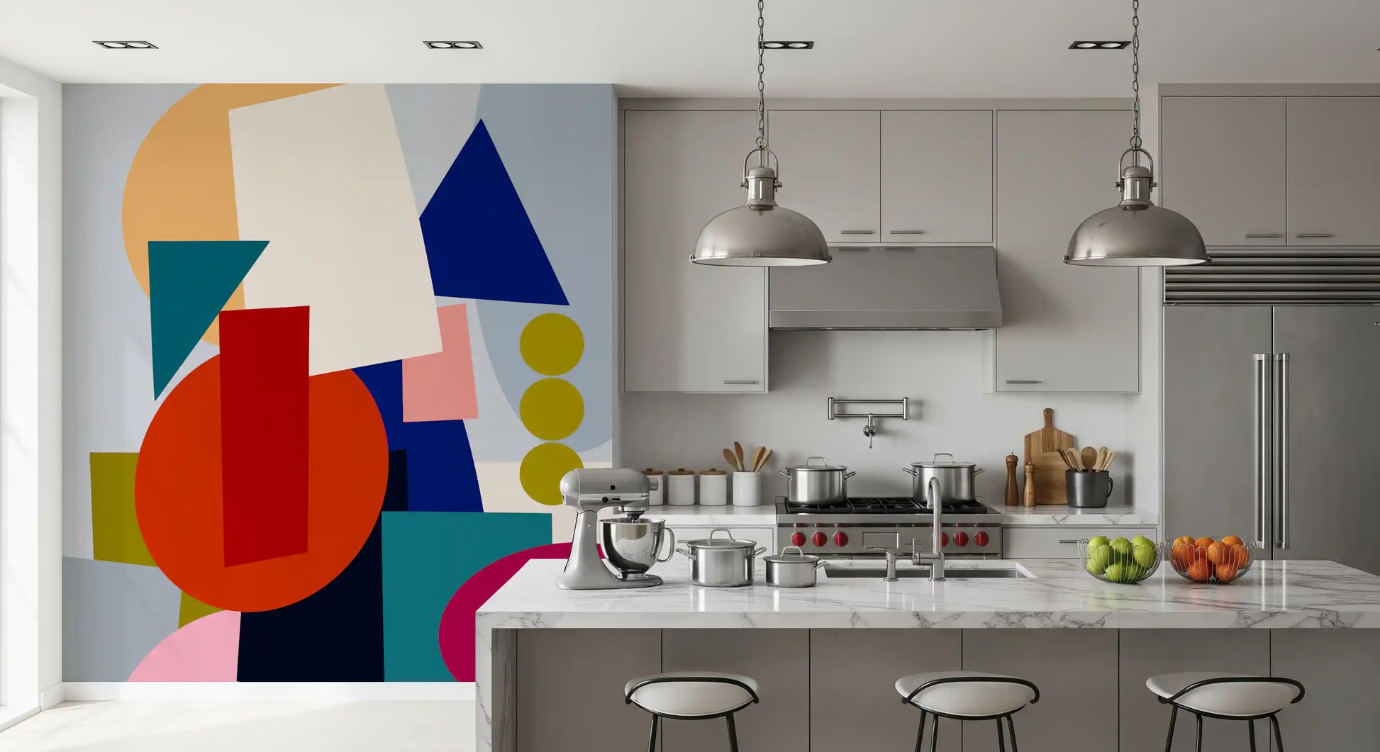Kitchen area Geometry Wall Mural with circles, rectangles, triangles, and dots