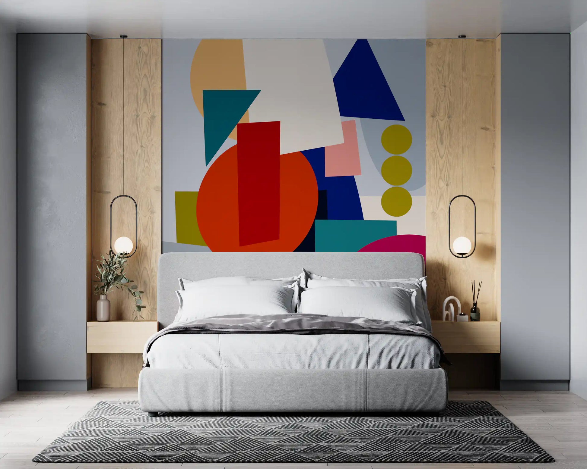 Bedroom Playful Geometry Wall Mural featuring teal, red, navy, and pink forms