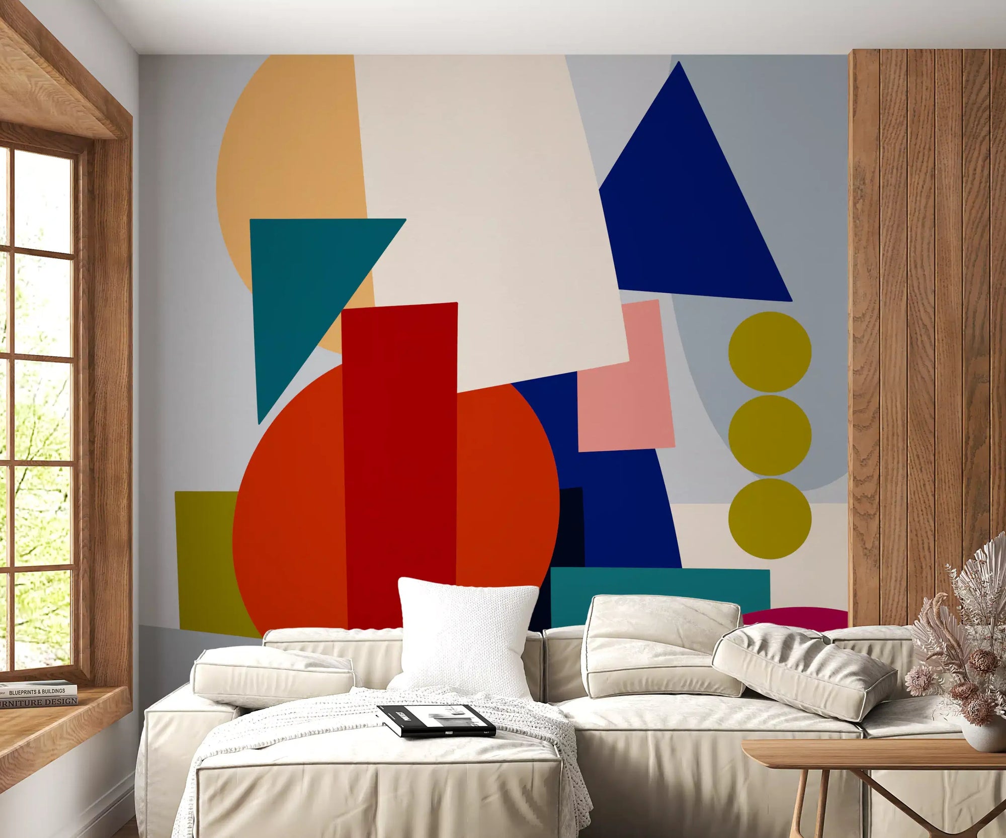 Hallway Playful Geometry Wall Mural with layered triangles and clean shape flow