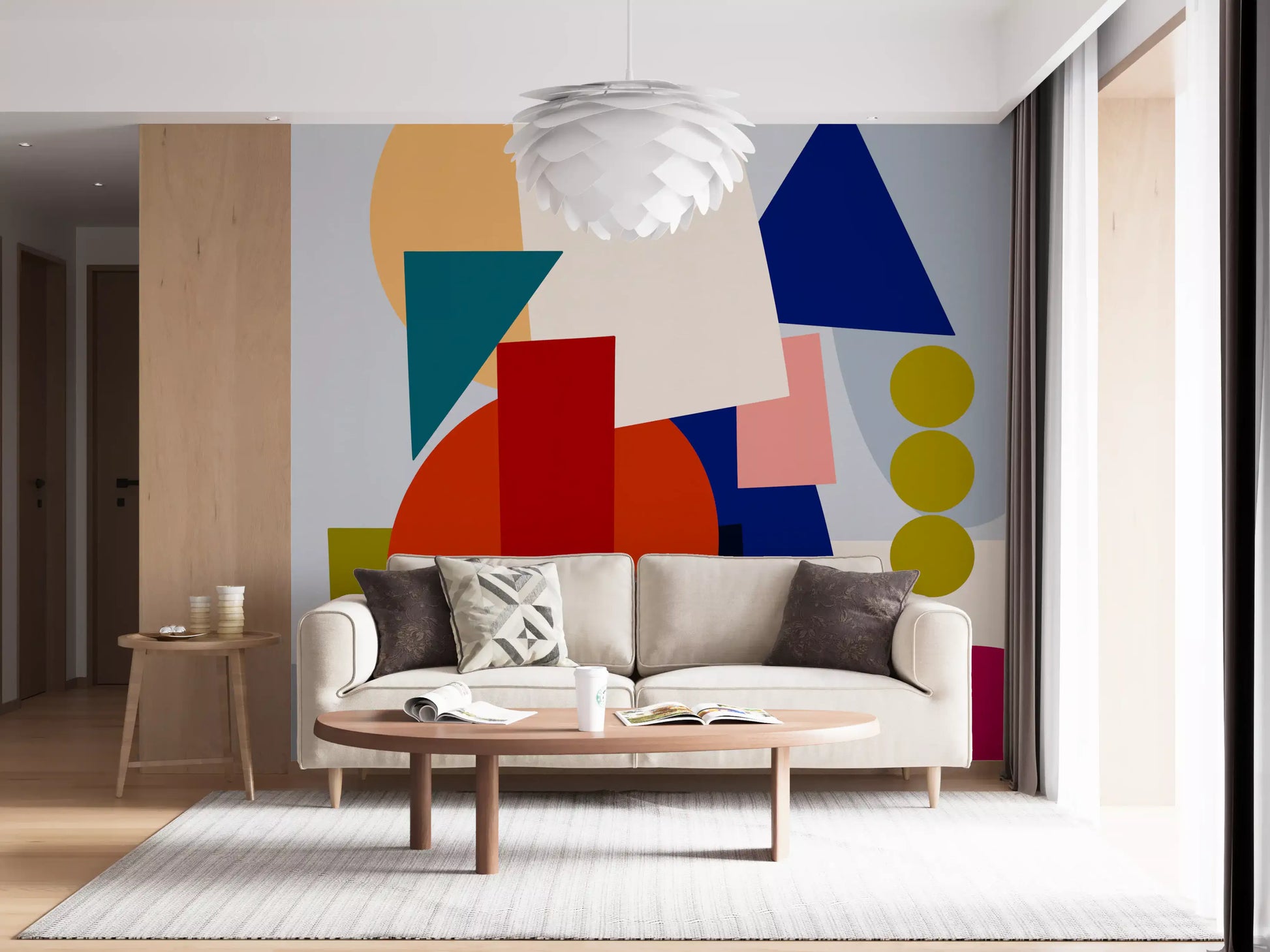 Mid mod wall mural design with Playful Geometry forms and soft neutral base