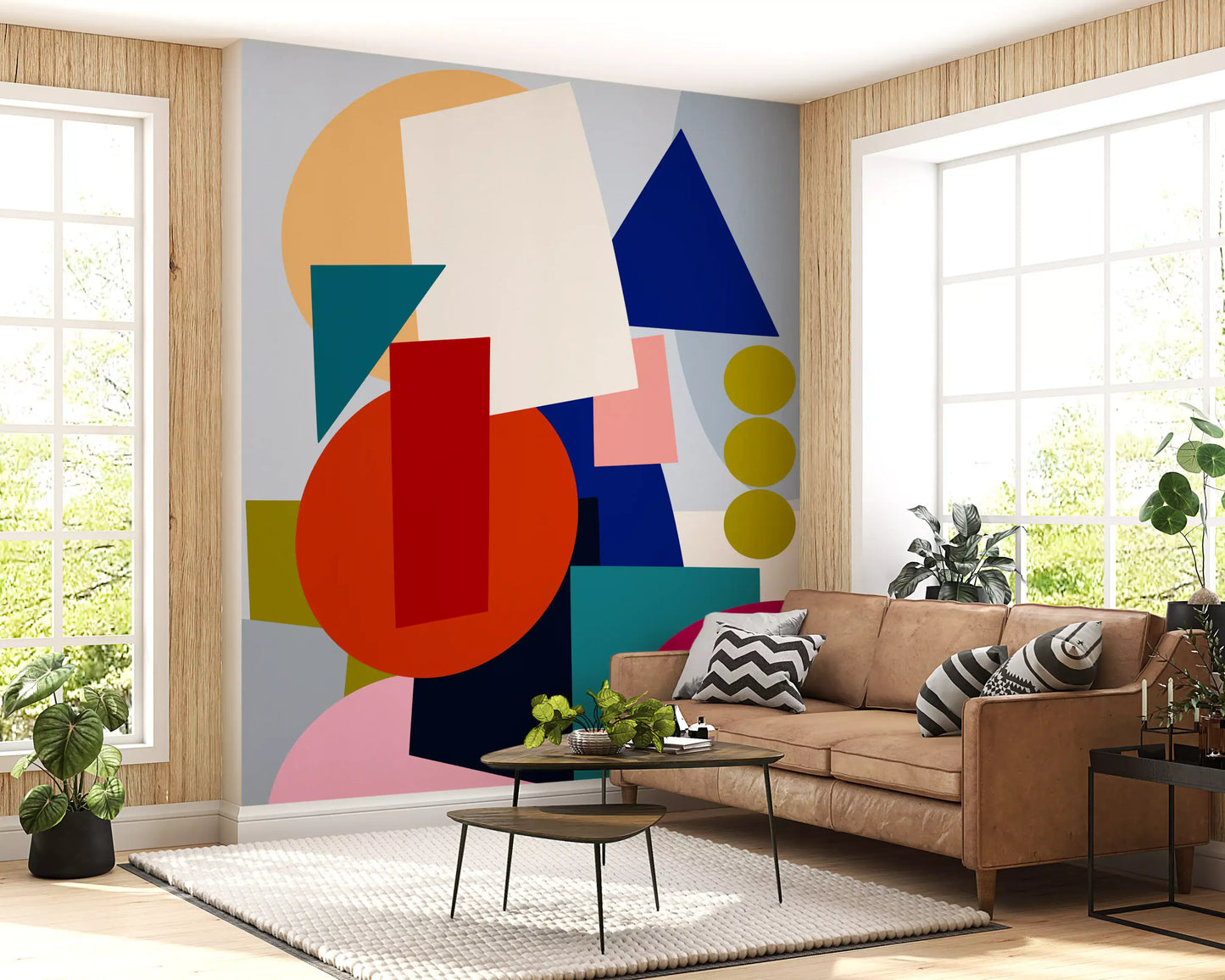 Living room Playful Geometry Wall Mural with bold circles and abstract blocks