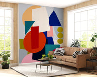 Living room Playful Geometry Wall Mural with bold circles and abstract blocks