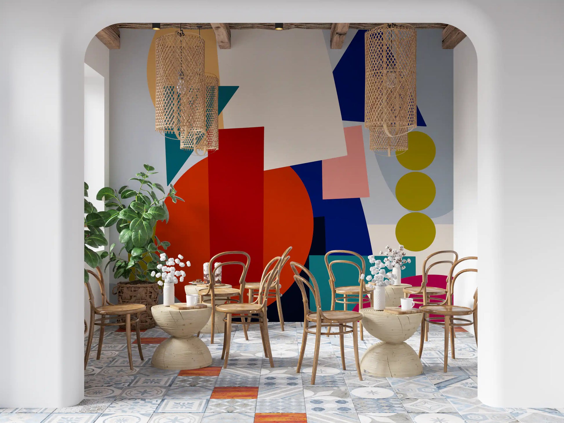 Bold Playful Geometry mural with teal block, red circle, and navy triangle