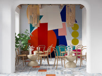 Bold Playful Geometry mural with teal block, red circle, and navy triangle