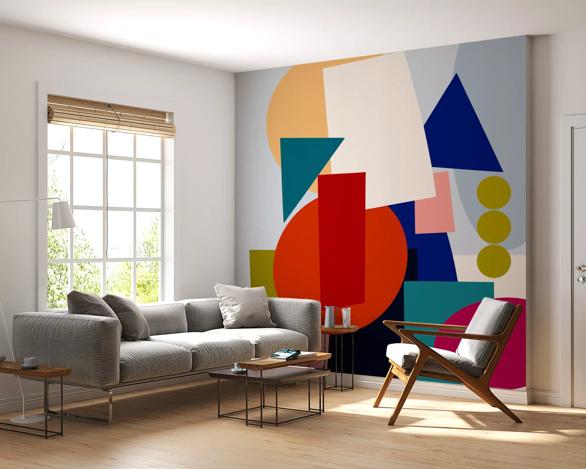 Geometric wall mural with Playful shapes, curved forms, and clear contrast