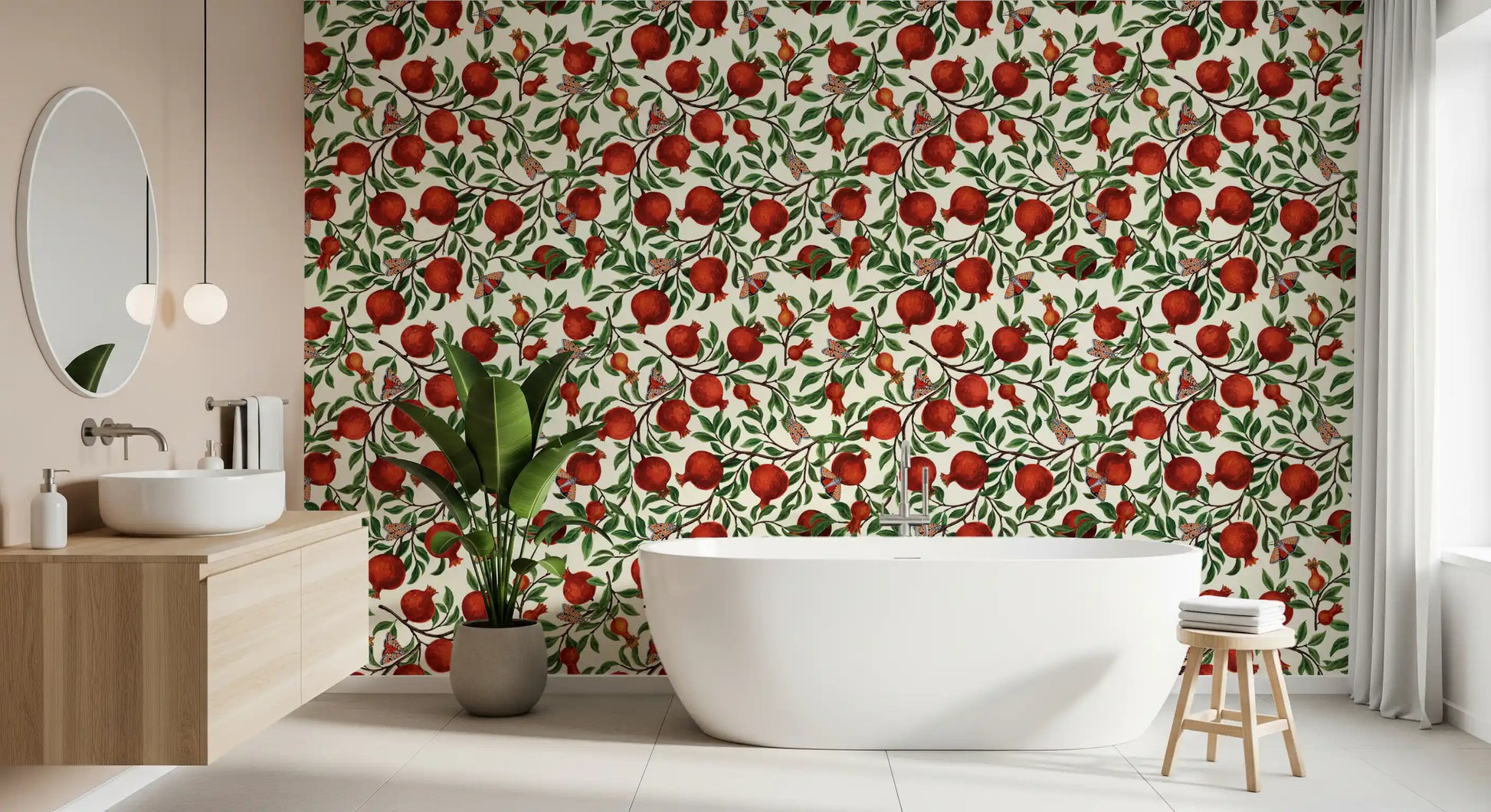 Bold red fruit and resting moths layer the Pomegranate Orchard Butterfly Dance wallpaper.