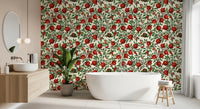 Bold red fruit and resting moths layer the Pomegranate Orchard Butterfly Dance wallpaper.