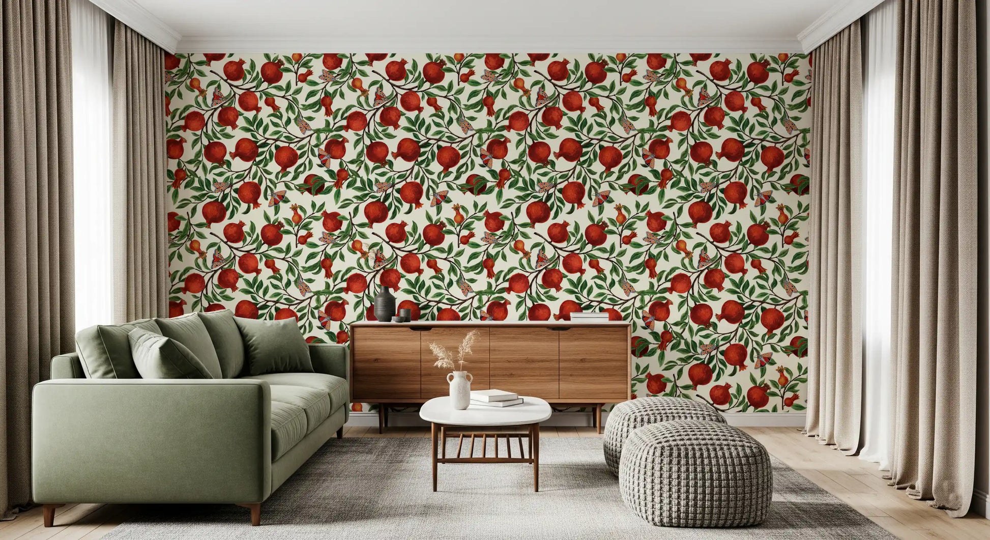 Ruby fruit and moths span the living room on a Pomegranate Orchard wallpaper.