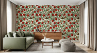 Ruby fruit and moths span the living room on a Pomegranate Orchard wallpaper.