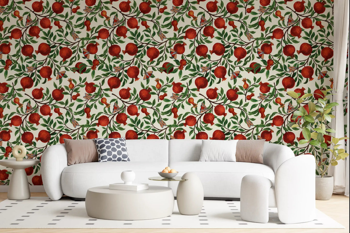 This Pomegranate Orchard wallpaper styles the Living room in red, green, and ivory tones.