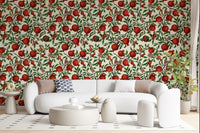 This Pomegranate Orchard wallpaper styles the Living room in red, green, and ivory tones.
