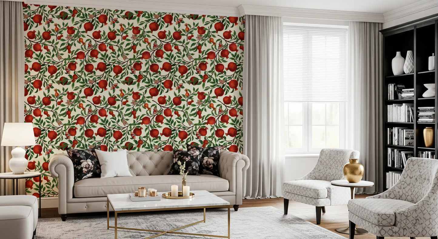 Trailing branches with patterned wings give the Pomegranate Orchard wallpaper its motion.