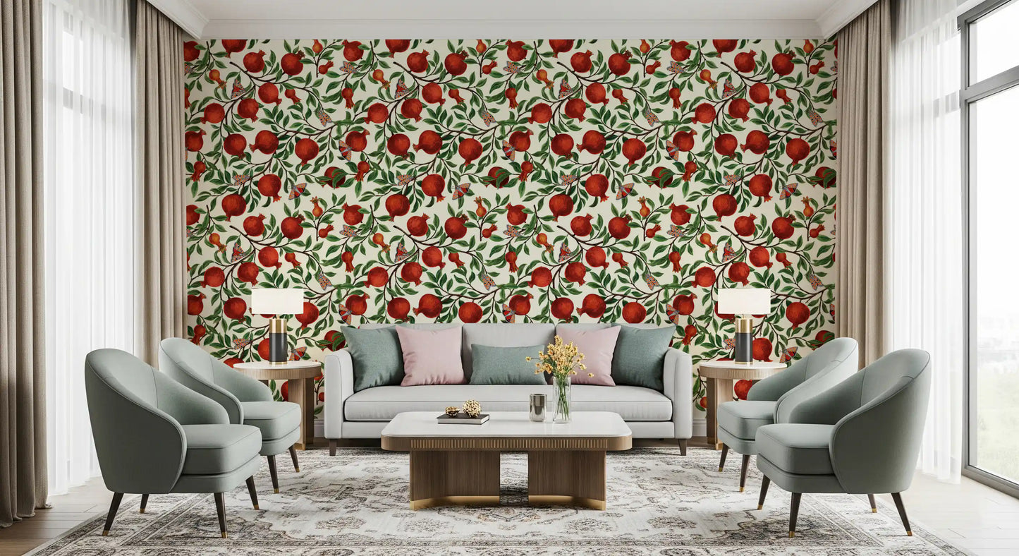 Each panel lifts the hallway across Pomegranate Orchard wallpaper.
