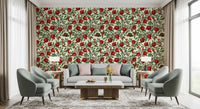 Each panel lifts the hallway across Pomegranate Orchard wallpaper.
