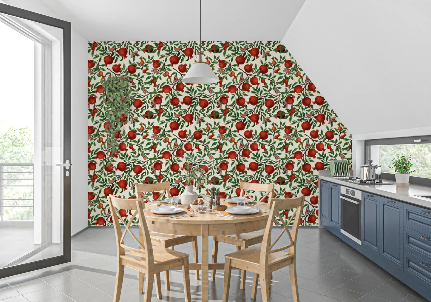 Butterfly Dance wallpaper holds moths and red fruit in steady balance.