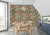Butterfly Dance wallpaper holds moths and red fruit in steady balance.