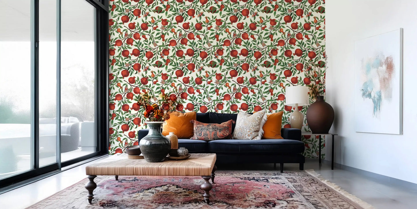 Curling branches frame this Pomegranate Orchard wallpaper as it reaches the Living room.