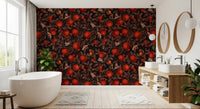 Ripe pomegranates and patterned moths fill a bathroom on this Nocturne wallpaper.