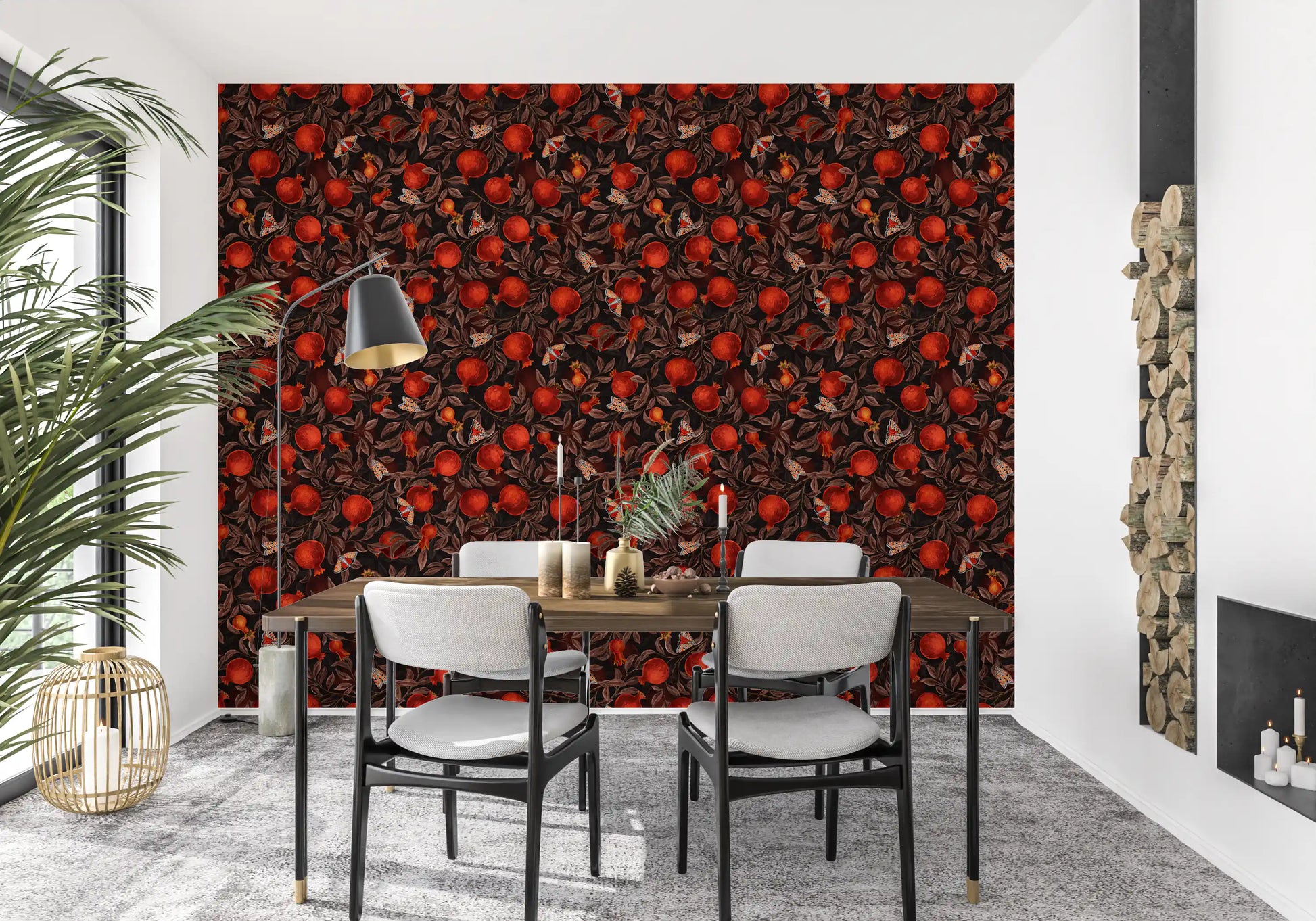 Curling branches knit between brown leaves on the Pomegranate Nocturne wallpaper.