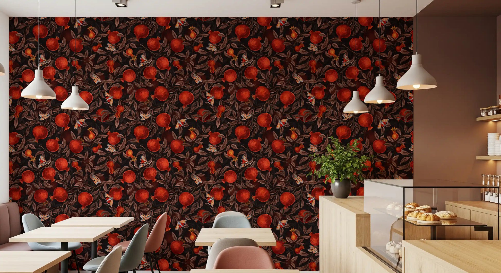 A Café and restaurant turned over to this Pomegranate Nocturne wallpaper reads in dim evening tones.