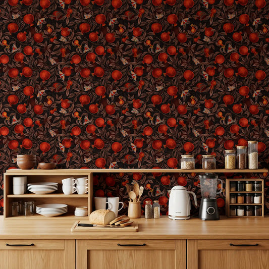 Pomegranate Nocturne wallpaper covers a full run in the kitchen-dining area.