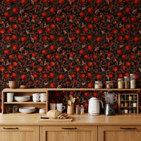 Pomegranate Nocturne wallpaper covers a full run in the kitchen-dining area.