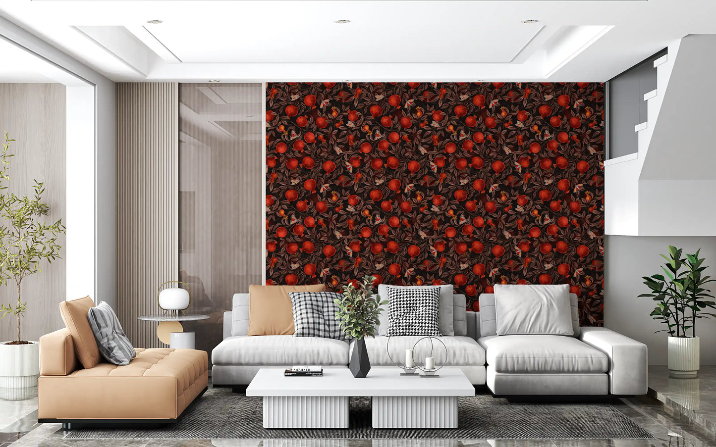 Tones shift through reds, bronzes and shadow on this Pomegranate Nocturne wallpaper.