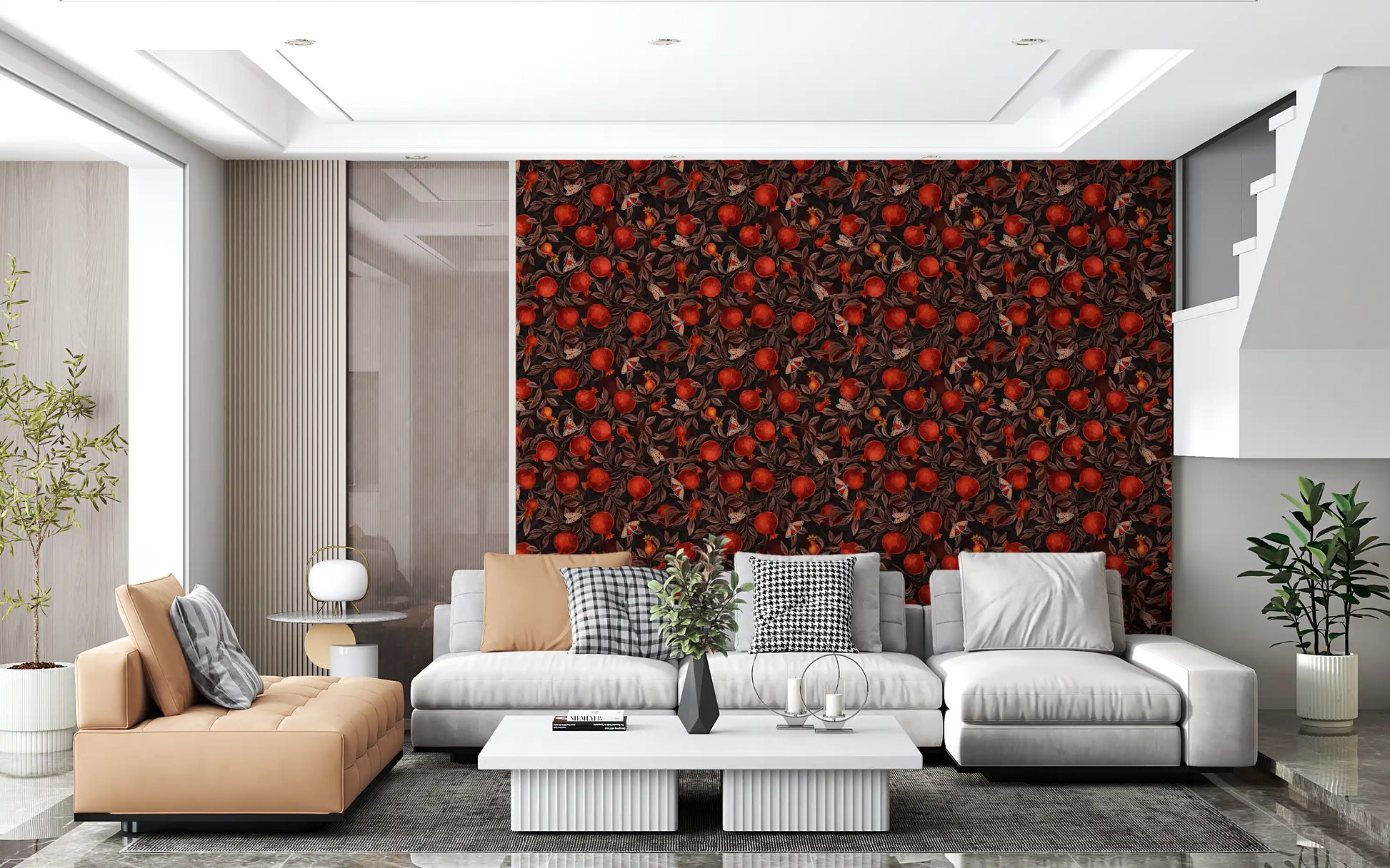 Tones shift through reds, bronzes and shadow on this Pomegranate Nocturne wallpaper.