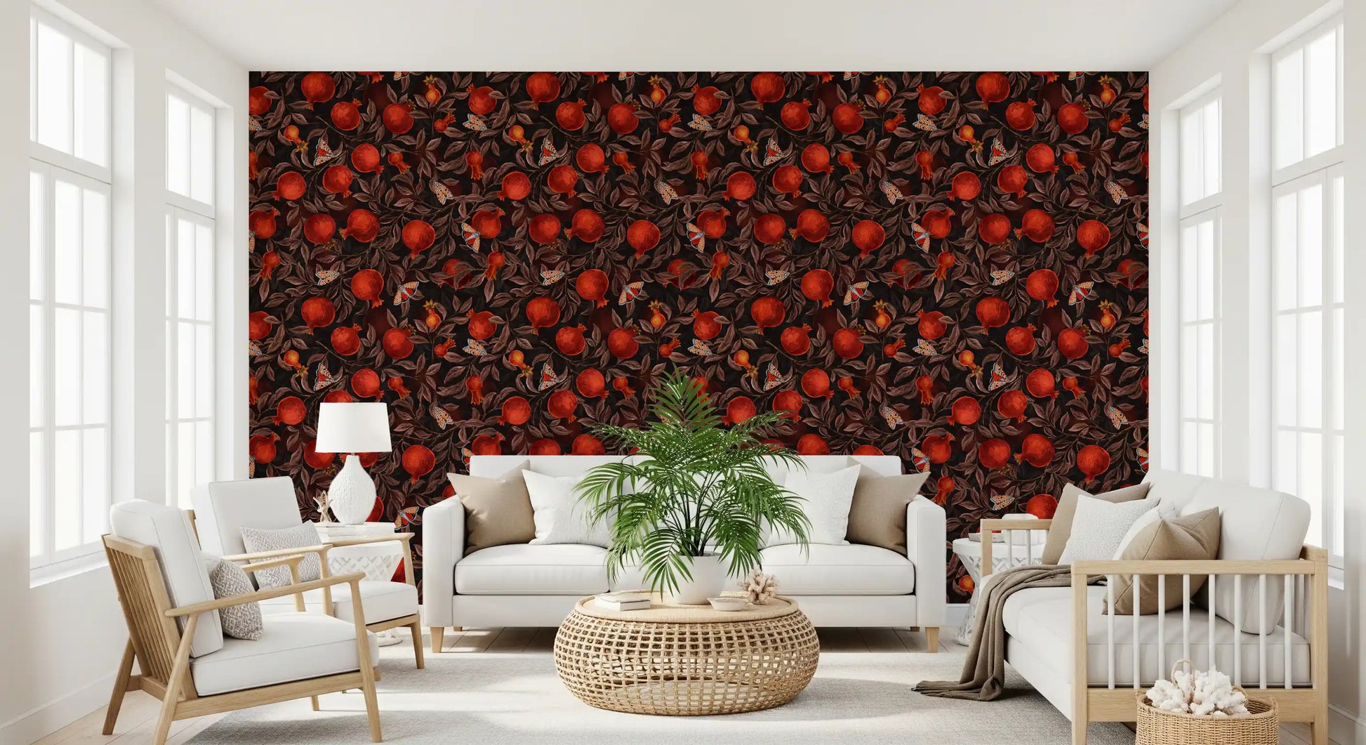 Pomegranate Nocturne wallpaper packs ripe fruit close together throughout the panel.