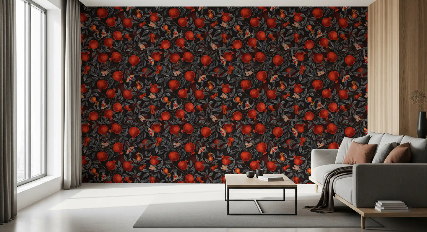 Pomegranate-and-moth wallpaper lines the hallway in crimson and shadow-leaf tones.