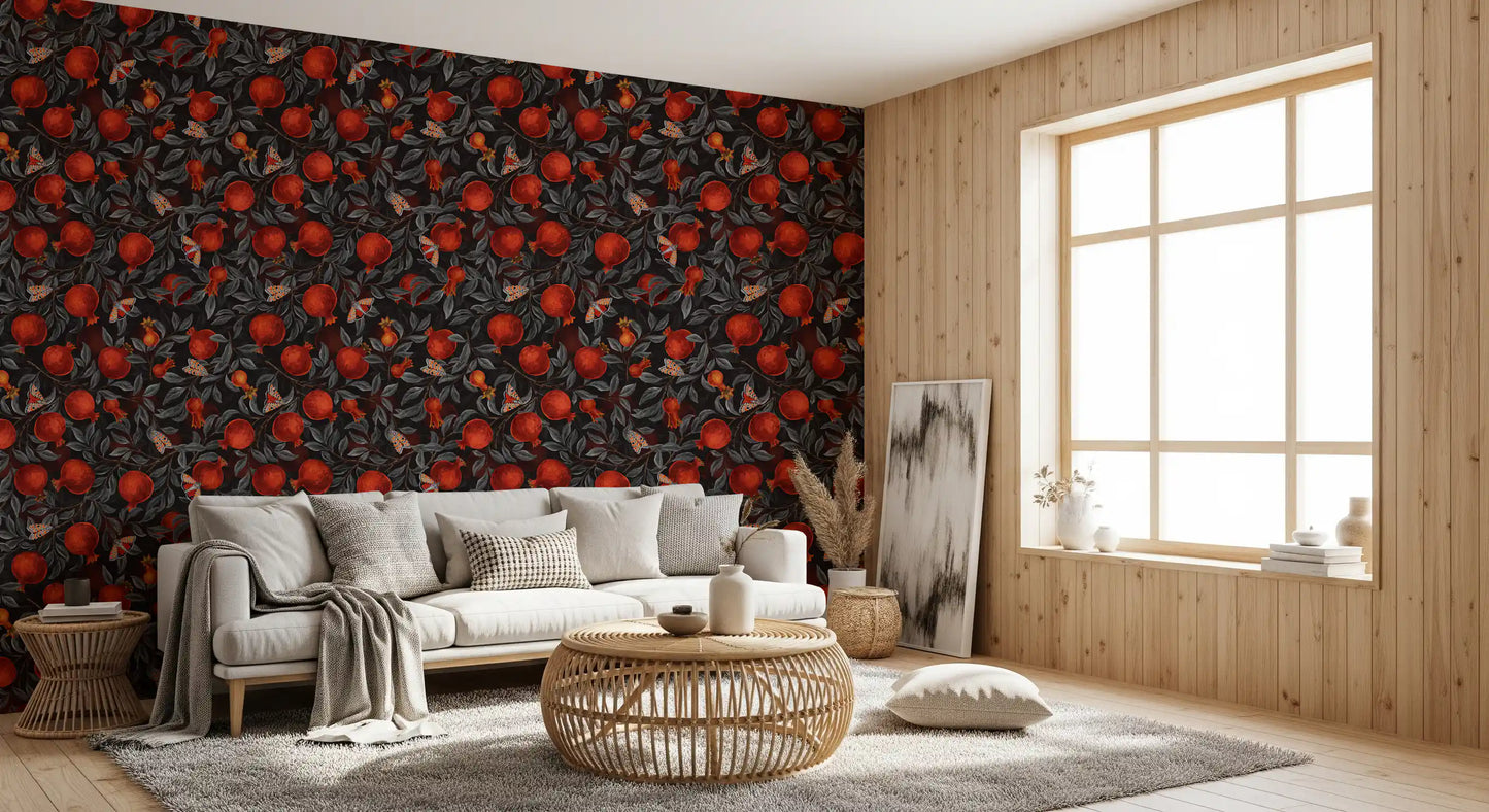 Atmosphere builds in the living room around crimson fruit and moths on this wallpaper.