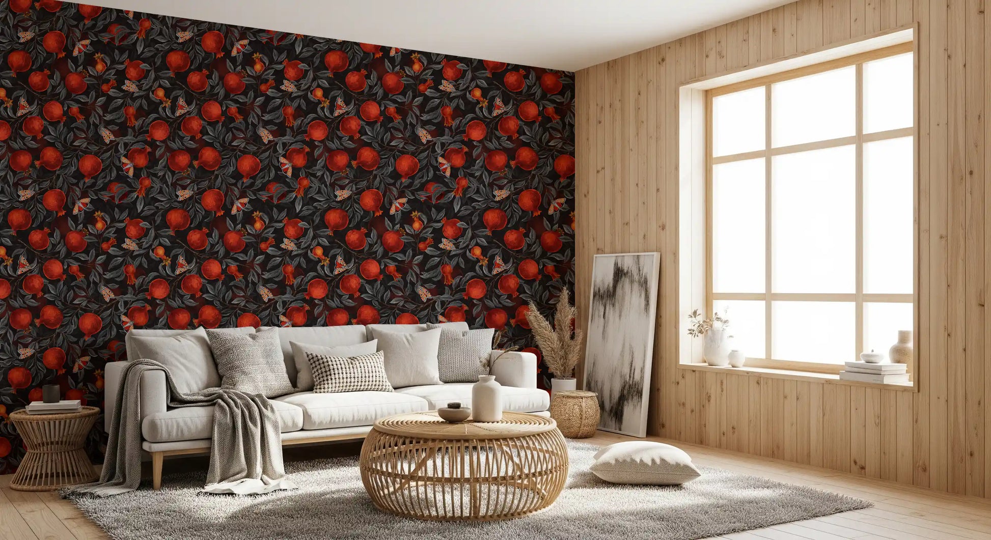 Atmosphere builds in the living room around crimson fruit and moths on this wallpaper.