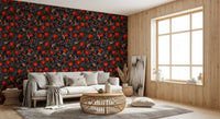 Atmosphere builds in the living room around crimson fruit and moths on this wallpaper.