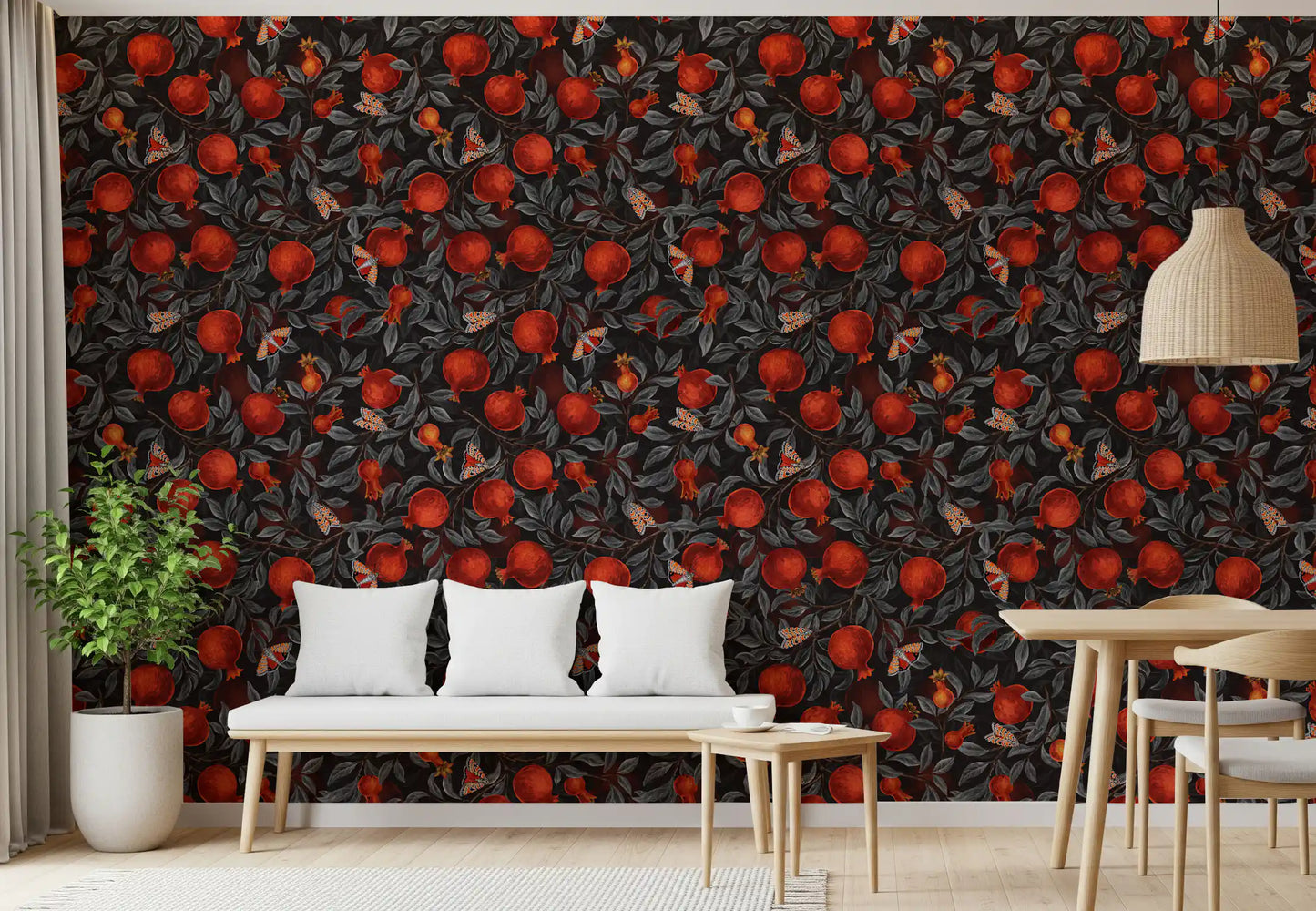 Gothic-botanical pull lands in the Dining room via Crimson Pomegranates wallpaper.
