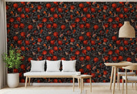 Gothic-botanical pull lands in the Dining room via Crimson Pomegranates wallpaper.
