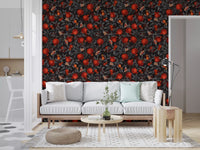Painterly moths and red fruit edge the lounge with this Crimson Pomegranates wallpaper.