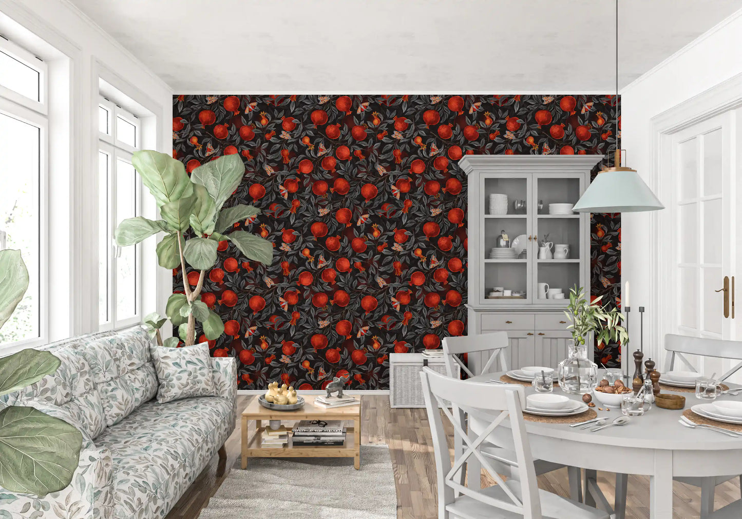 Ripe pomegranates and orange moths fill this Crimson & Moths wallpaper.