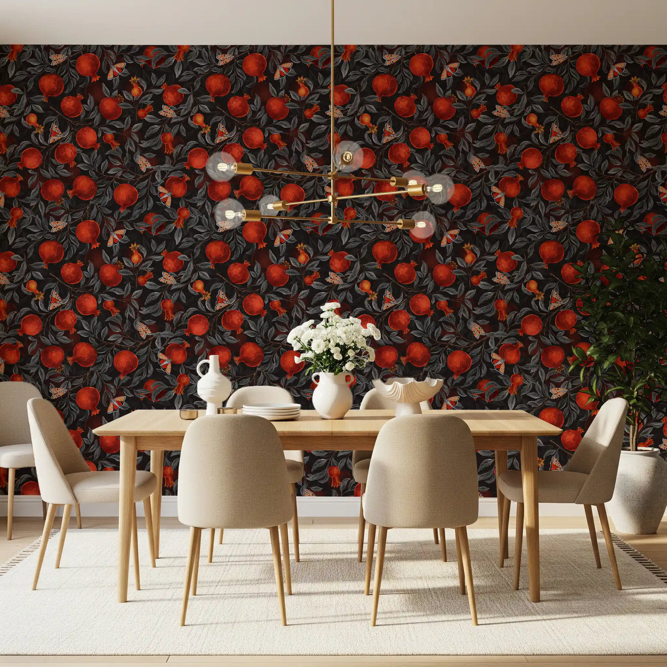 Crimson Pomegranates & Moths Wallpaper⁠