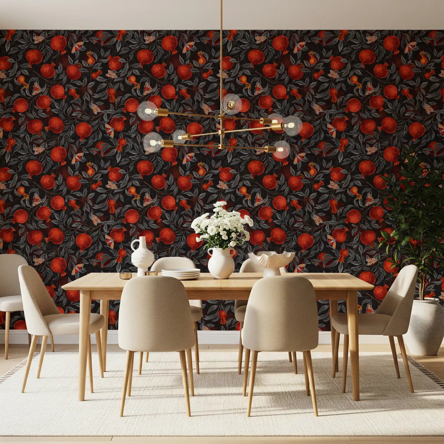 Dining room shifts moodier with the Crimson Pomegranates & Moths wallpaper on view.