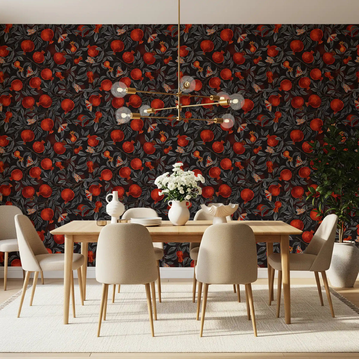 Dining room shifts moodier with the Crimson Pomegranates & Moths wallpaper on view.