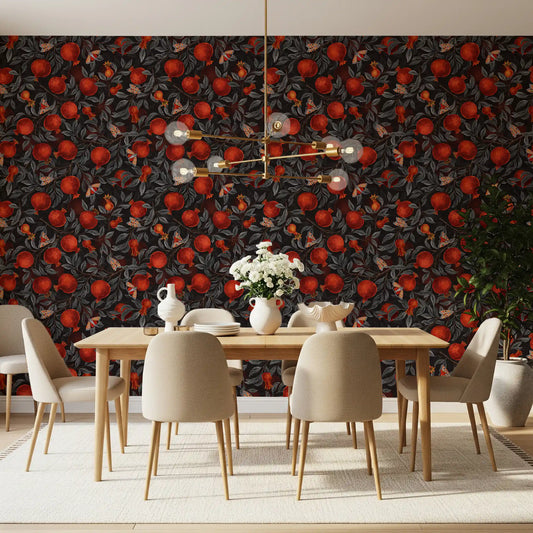 Dining room shifts moodier with the Crimson Pomegranates & Moths wallpaper on view.