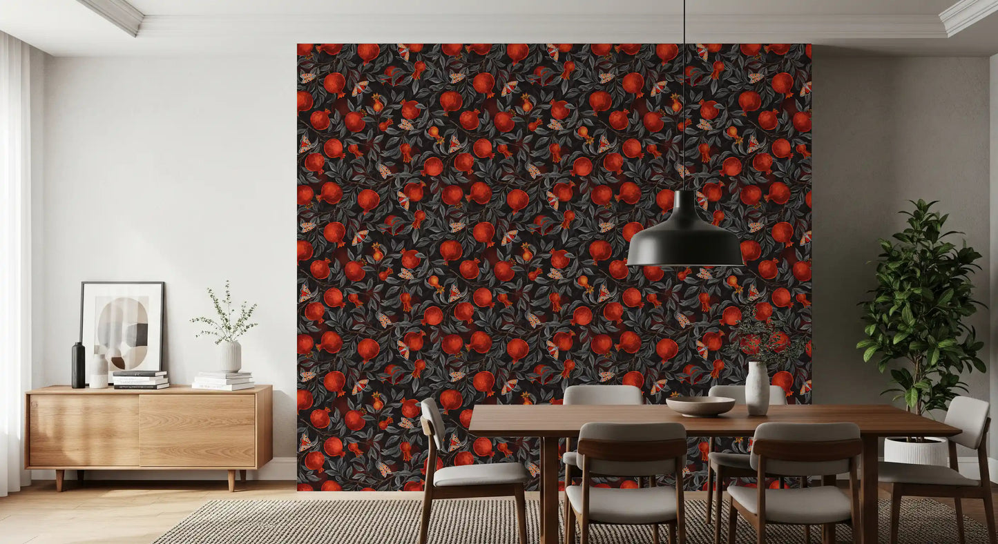 Reds, oranges, and graphite tones balance on this Pomegranates & Moths wallpaper.