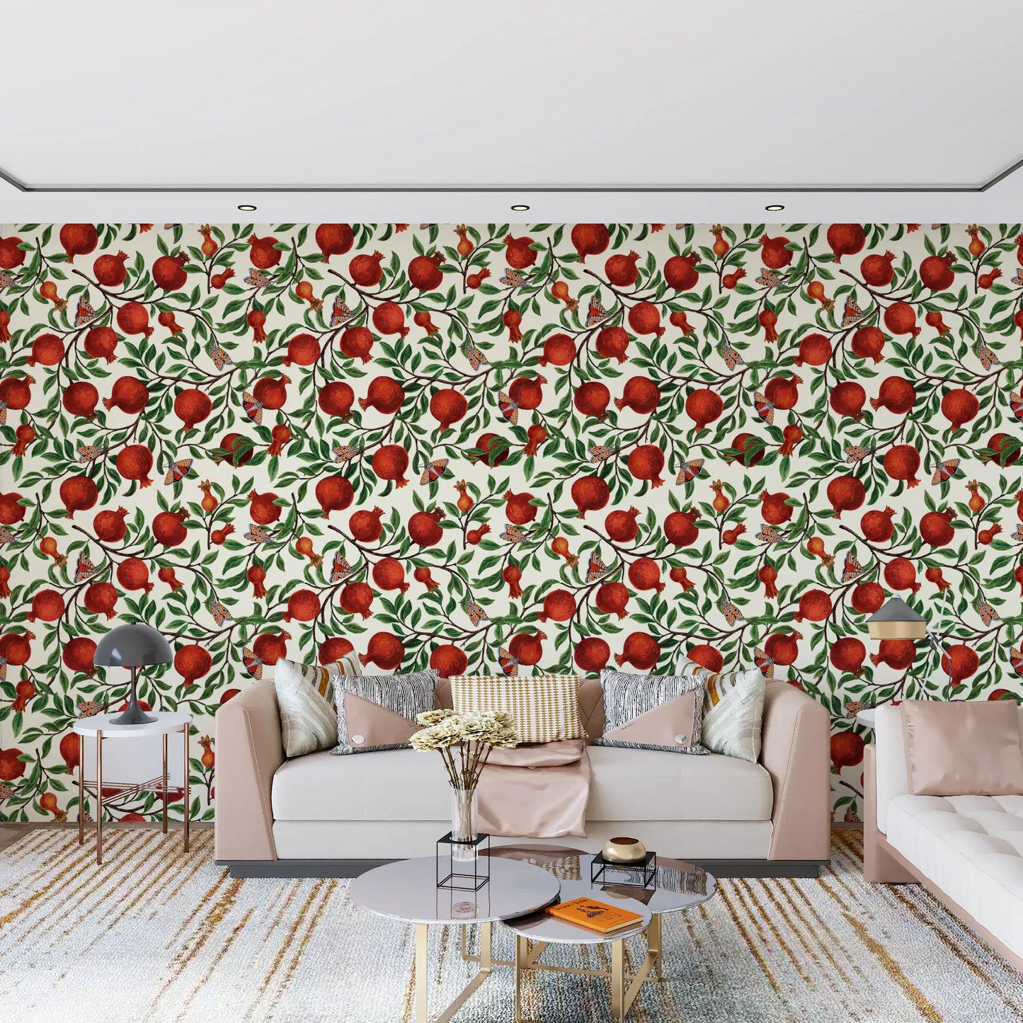 In the Pomegranate Garden Wallpaper, moths and round fruit rest amid mossy leaves.